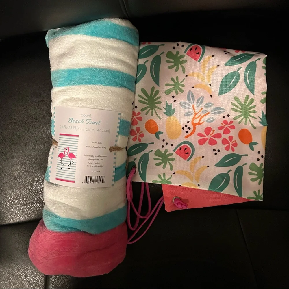 Brand new with tags two piece beach towel set with sling bag in pink
